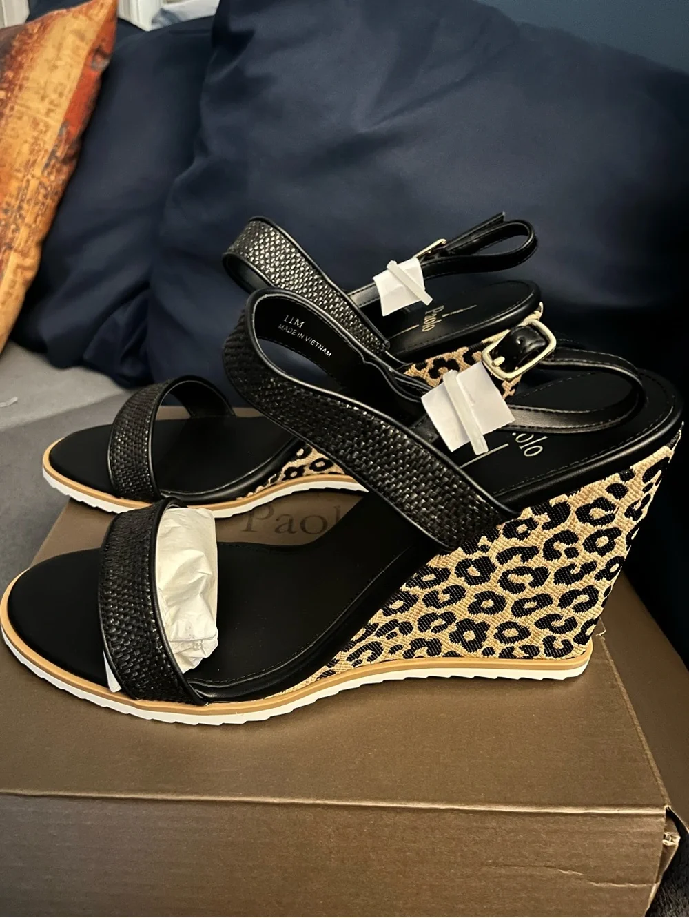 Linea Paolo Edith-L Black Woven Leopard Wedge Sandals Size 11